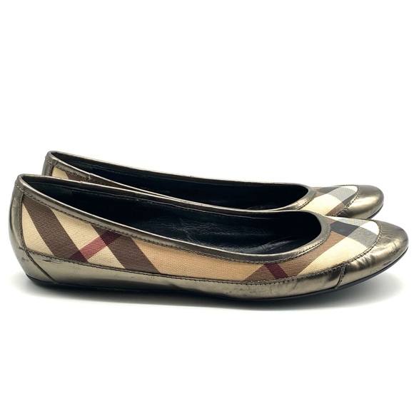 BURBERRY NOVA CHECK PEWTER GUNMETAL SILVER LEATHER BALLET FLAT SHOES 39.5 / 8.5 - Picture 3 of 7